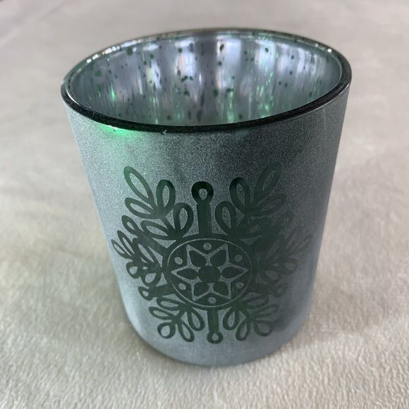 Glass Candle Holder Votive Tealight Christmas Holiday Snowflake Green Silver Joy - Picture 1 of 13